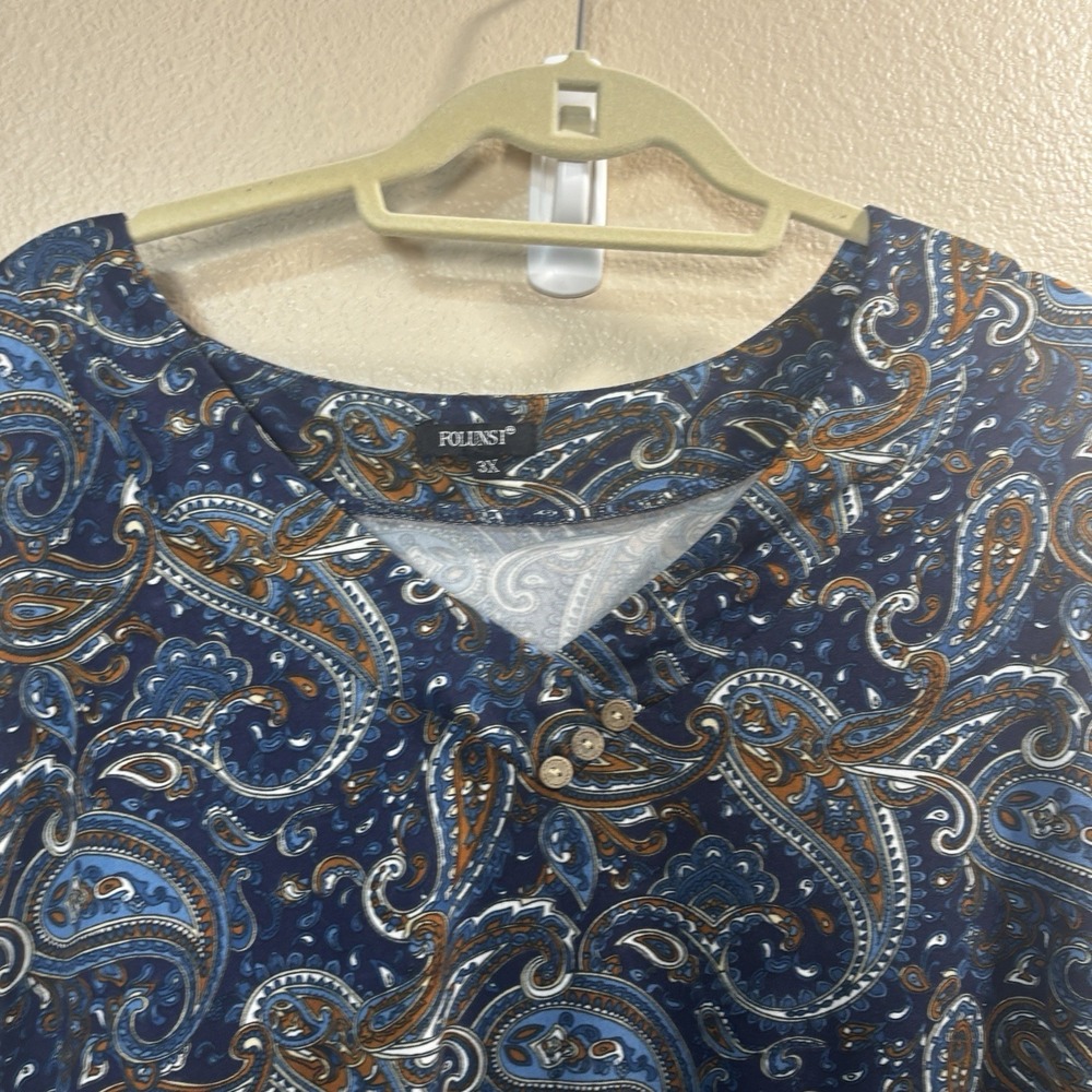 Folunsi Blue Orange Paisley Print Pullover Blouse Shirt Top Long Sleeve Plus 3X - Picture 2 of 12